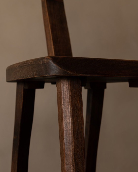 Image 1 of Set of 3 Vintage “T” Dining Chairs by Aranjou, France (c.1960s) – Stained Elm, Brutalist Sculptural