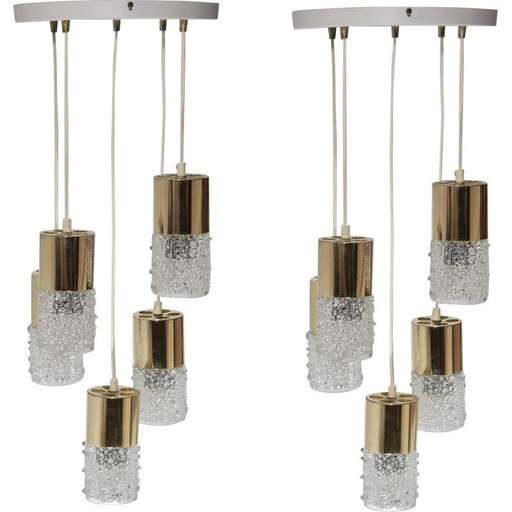 Pair of Chandeliers, vintage waterfall, 5 brass and glass hangers