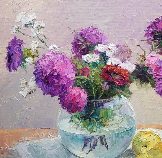 Image 1 of Peinture à l'huile originale Nature morte Asters dans un vase sur une table