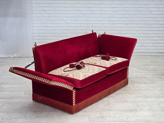 1970s, Danish 2-seater "Spanish" drop arm sofa, furniture velour., 2 seaters, Velvet, Wood, Red (photo 17 of 23)