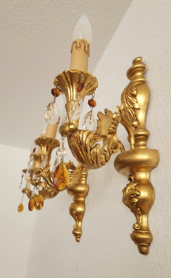 Hand-carved antique Florentine wall hanging with crystal pendants, gilded

with gold leaf, Baroque Rococo, (photo 5 of 15)