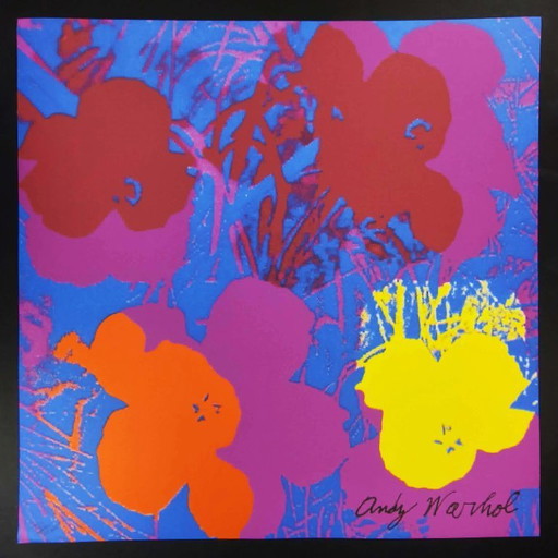 Grande lithographie d'Andy Warhol « Fleurs » violette, édition limitée numérotée au crayon par le CMOA. 60 cm /