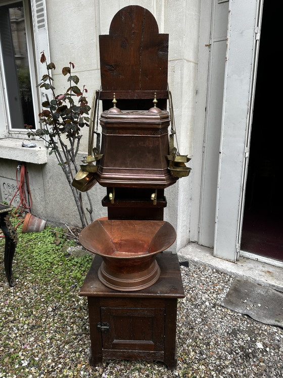 Image 1 of Large French Copper and Brass Wall-Mounted Kitchen Fountain with Basin, Early 19th Century