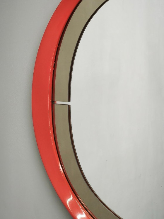 1970s Italian Space Age Red Lacquer and Smoked Glass Round Mirror – Wood (photo 5 of 9)