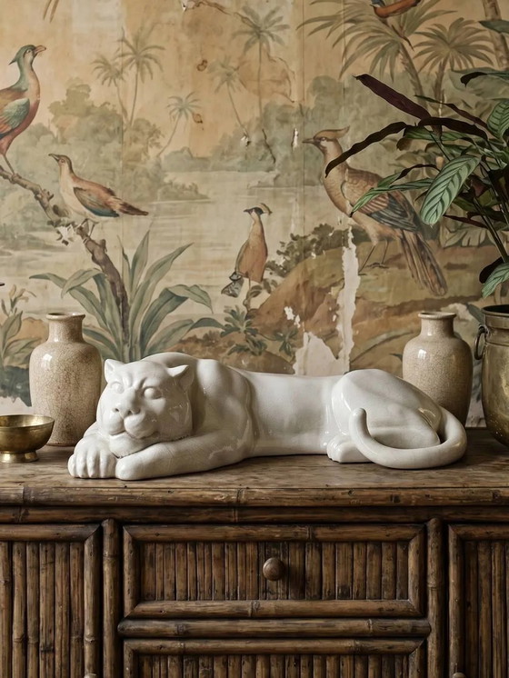 Large elongated panther in crackled earthenware, vintage 1960s-1980s. – Decorative Objects, Porcelain (photo 2 of 16)