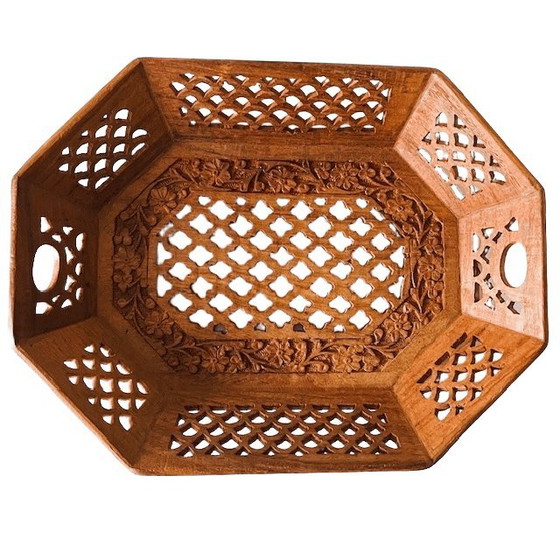 Image 1 of Vintage-Holzschnitztablett, orientalisches Teakholz, 1970er Jahre