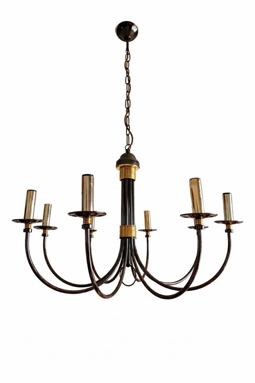 Lámpara de araña vintage de metal plateado y dorado de 8 brazos