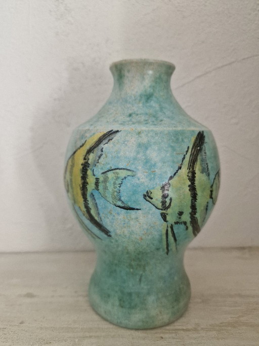 Vase vintage décor poissons Pierre Scheffer