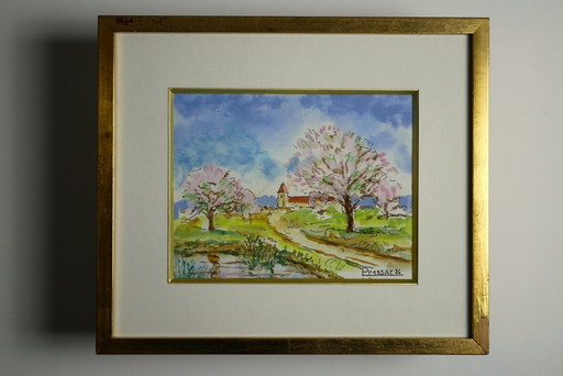Small painting by Marcel Pressac - Spring landscape, dated and signed.