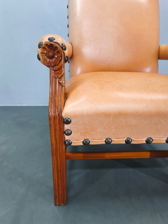 Image 1 of Antieke Deense leren fauteuil, gesneden houten clubfauteuil, begin 1900