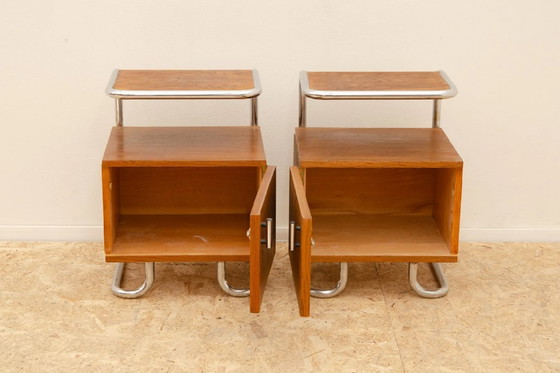 Image 1 of Twee verchroomde nachtkastjes, Vichr & Spol, jaren 1950, Tsjechoslowakije