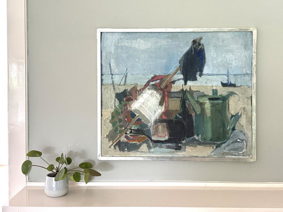 Image 1 of Composición abstracta modernista, óleo sobre lienzo «Bodegón de pescador» de Elisabeth Brunnström (1908-1988)