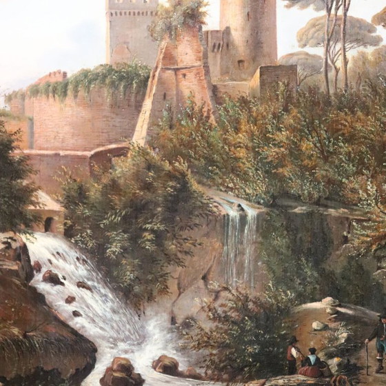 Image 1 of Paisaje con castillo, óleo sobre lienzo, firmado M.G., Italia, siglo XVIII.