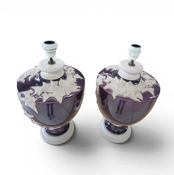 2 x große Kostka florale Keramik Vasenlampe / 1970er / Frankreich – Tischlampen, Ceramic (photo 11 of 12)
