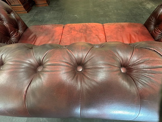 Chesterfield Sofa Worn. Oxblood Leather. 2.5 Seaters. – Chesterfield brand, 3-5 seaters, Wood (photo 8 of 8)