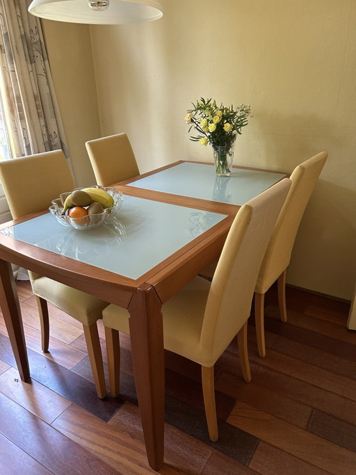 Eethoek uitschuiftafel en 4 stoelen Ligne Roset – eetkamerset, Glass, Textile