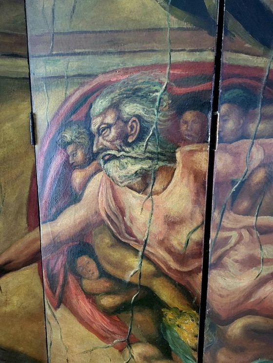 Image 1 of Zeldzaam handgeschilderd Art Deco kamerscherm – in de stijl van Michelangelo’s “Schepping van Adam” (ca. 1920–1935)