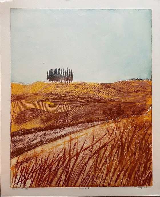 Image 1 of Margo Ellen- Toscane. Cyprès. Gravure en couleur