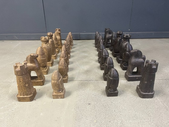 Image 1 of Großes, handgefertigtes Schachfigurenset aus Holz, 1960er Jahre