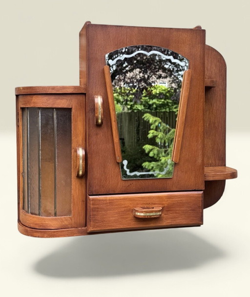 Antieke ART DECO Apothekerskast | Glas-in-lood, Spiegel & Messing beslag | Jaren '20-'30 – wandkast, Wood (photo 2 of 14)
