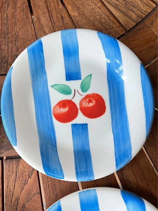 Set of 6 TRECI Italy dessert plates - Hand-painted porcelain vintage cherries