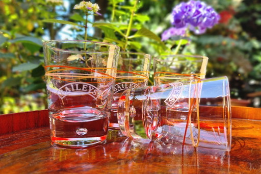BAILEYS liqueur 4x drinking glass, '70 with Krosno bell at bottom and orange and yellow pin stripes