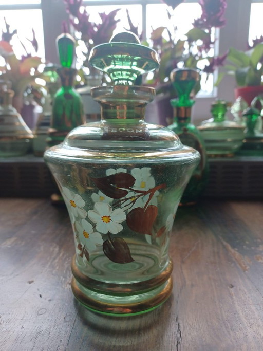 Decantador de licor de cristal Booms de mediados de siglo, color verde oro – década de 1950, De Rupel – glazen karaffen