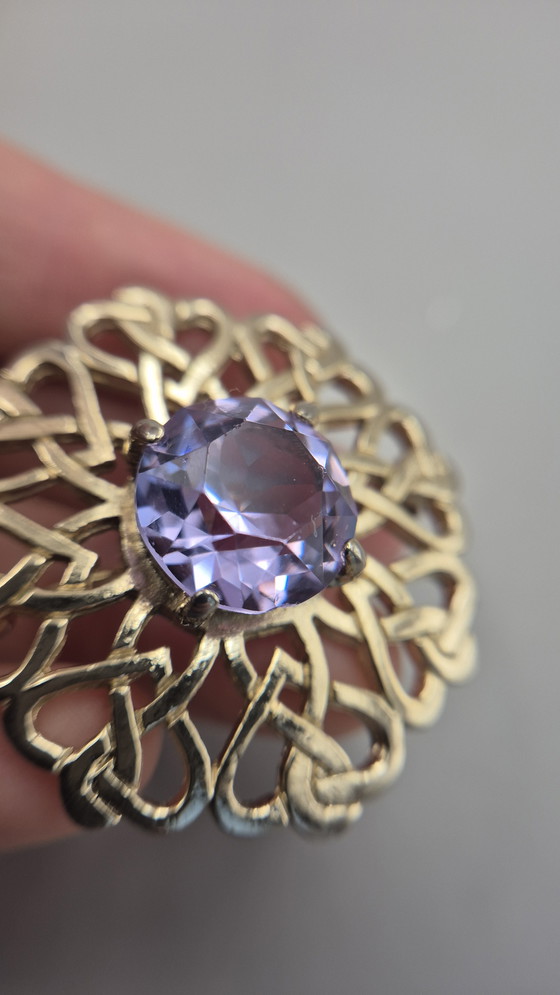 Image 1 of Vintage JAF Scottish Celtic Knot Brooch Kilt Pin Gold Tone Violet Stone Signed