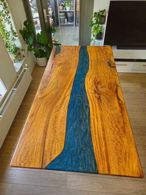 Mango wood blue epoxy river dining table