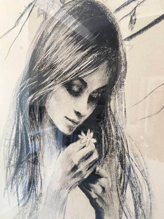 Image 1 of Monochrome Lithograph Drawing Nude Woman with Flower by Sandu Liberman 1971 Art