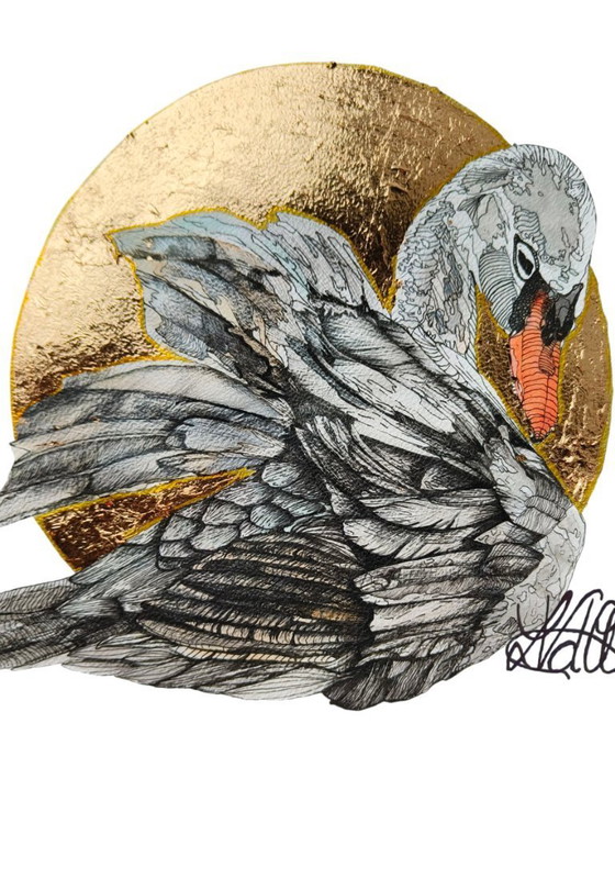 Image 1 of Originele tekening zwaan met goudfolie 'Sunset Grace'': A4, ingelijst 