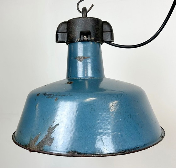 Image 1 of Industrial Blue Enamel Factory Lamp with Cast Iron Top, 1960s
