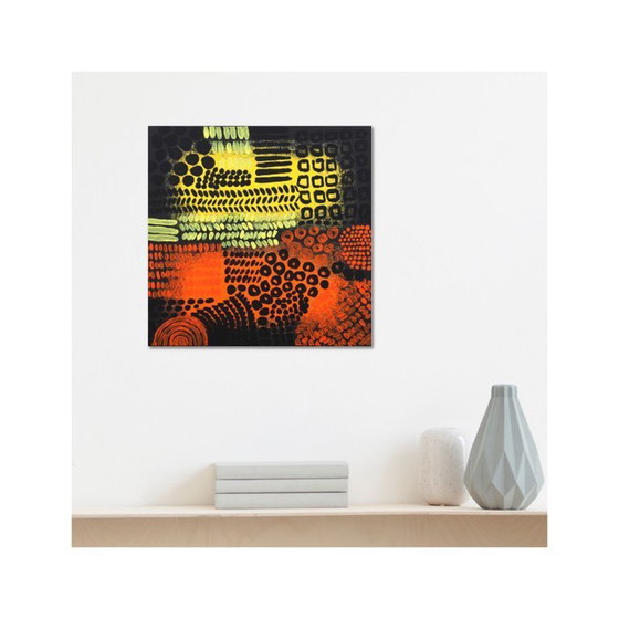 Image 1 of Orange, black and yellow abstract acrylic painting on stretched canvas