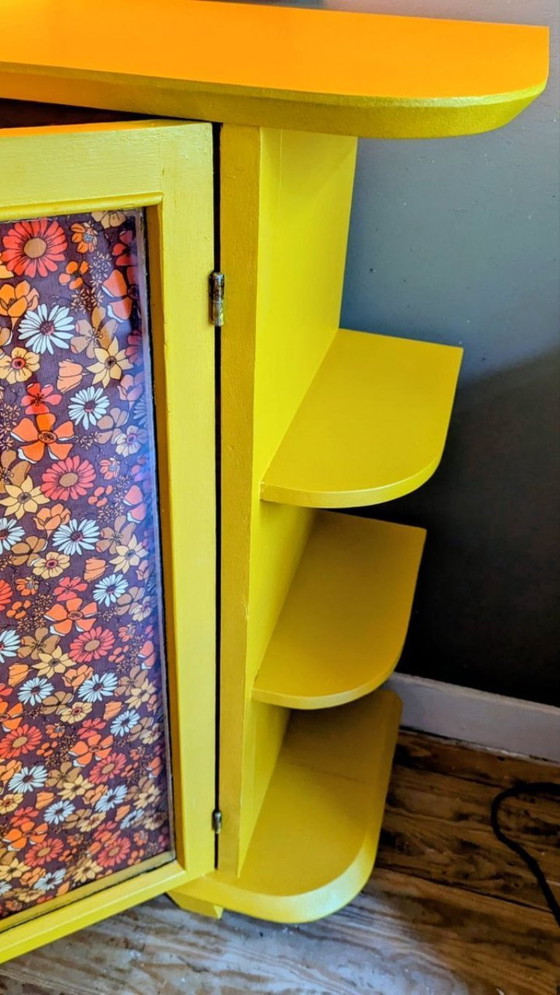 Image 1 of Upcycled vintage bar cabinet in yellow and floral print – 70s style