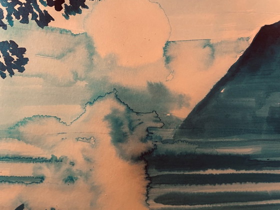 Image 1 of Monochroom blauwe aquarel "zonsondergang boven het meer"