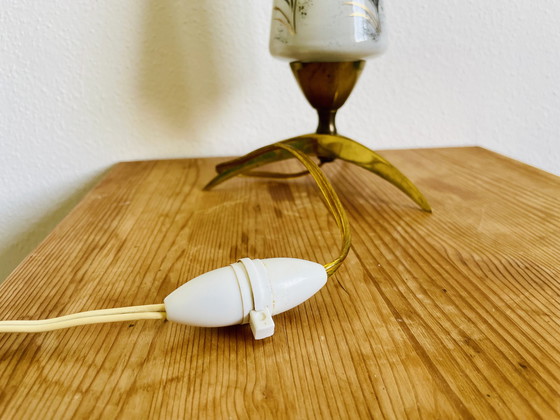 Image 1 of Space Age mid century modern brass tripod table lamp with opaline glass lampshade, 1950s