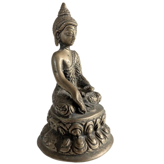 Statua di Buddha in Ottone Antico (10cm) - Bhumisparsha Mudra & Svastica - Nepal – Sculture, Brass (photo 2 of 10)