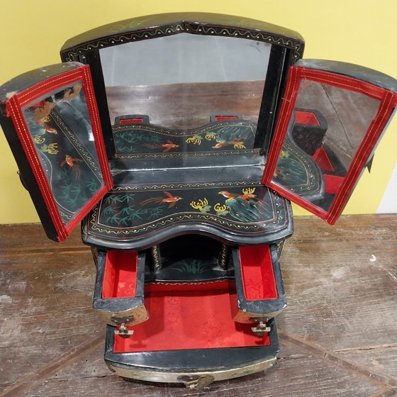 Image 1 of Oriental Jewelry Box of High Quality Wood - Unique Handcrafted Masterpiece, Hand Painted with Drawers, Built-in Mirror Julklapp,
