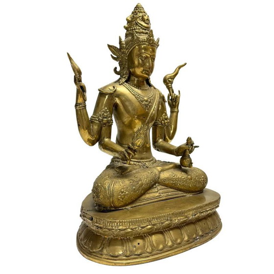 Avalokiteshvara – Bodhisattva Vajrayana de cuatro brazos en bronce dorado al fuego (Nepal, Newar) – lote 444 (photo 2 of 12)