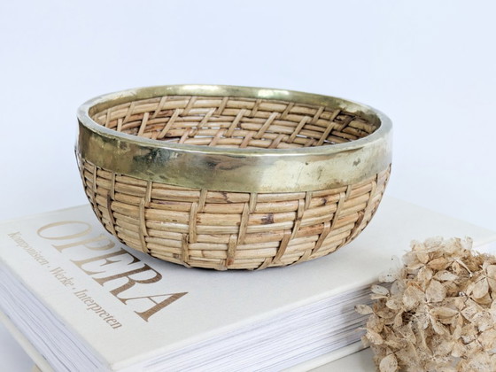 Image 1 of Vintage Rattan Brass Bowl Gabriella Crespi Style 1970s Handwoven Fruit Basket