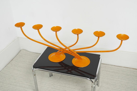Image 1 of  1970s Orange Candelabra Large Metal Sculptural Mid Century Retro Candle Holder Space Age Statement Centrepiece 