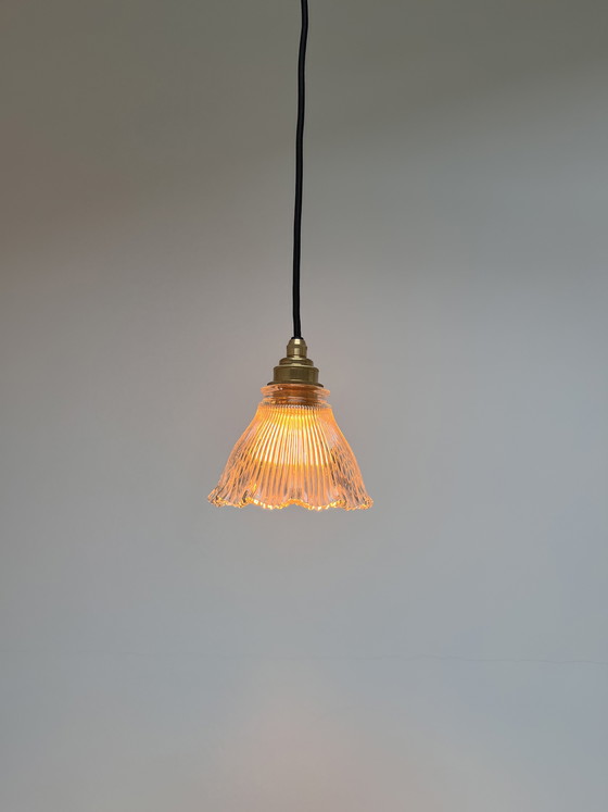 Image 1 of Vintage French ribbed glass pendant lamp
