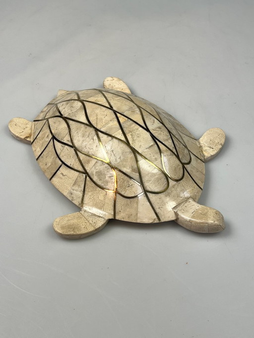 Vintage Travertin Schildpatt, Intarsien mit Messing. 1980's