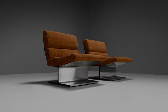 Image 1 of Très rare paire de chaises longues en cuir et acier par Paul Geoffroy pour Uginox, France, années 1970