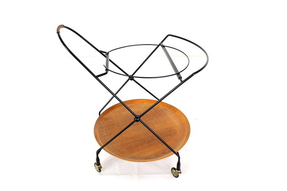 Image 1 of Almost As New, Jie Gantofta Mid-Century String Serving Trolley / Tea Trolley, Sweden, Teak, Steel Leather, Completely Restored!