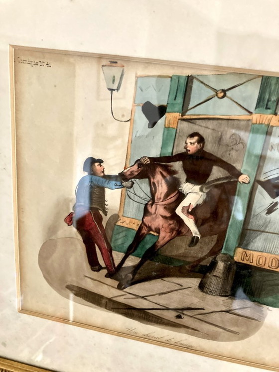 Image 1 of Antike Lithografie, Le Charivari, 1844, gerahmt – vergoldeter Rahmen aus dem 19. Jahrhundert