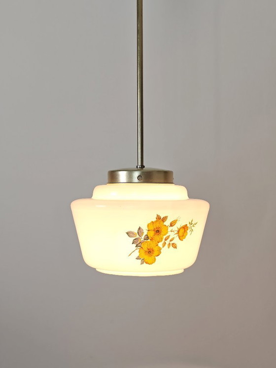 Image 1 of Vintage Floral Glass Pendant Light / Mid Century Hanging Lamp / Retro Ceiling Light / Vintage Kitchen Lighting / 1970s