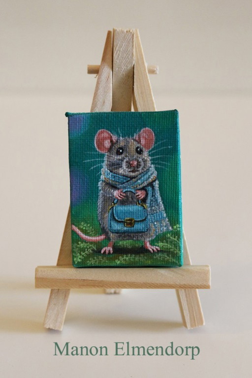 Petite souris unique peinte à la main avec sac à main, peinture neuve