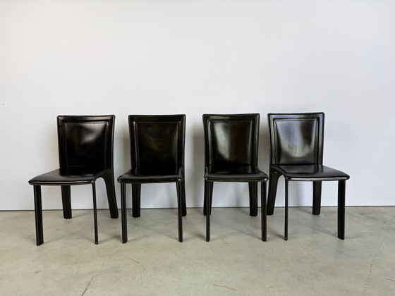 Vintage Zwart Lederen Eetkamerstoelen, Set Van 4 - Jaren 70 – Leather (photo 8 of 9)