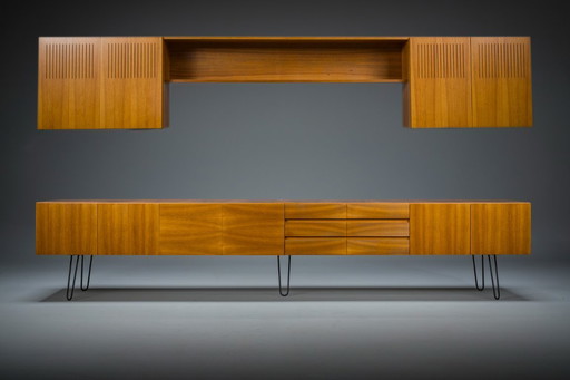  Mid-Century Wall Unit Cabinet and Sideboard in Walunt, 1970s, Set of 2